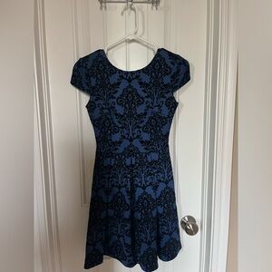 Elegant blue and black velvet dress.